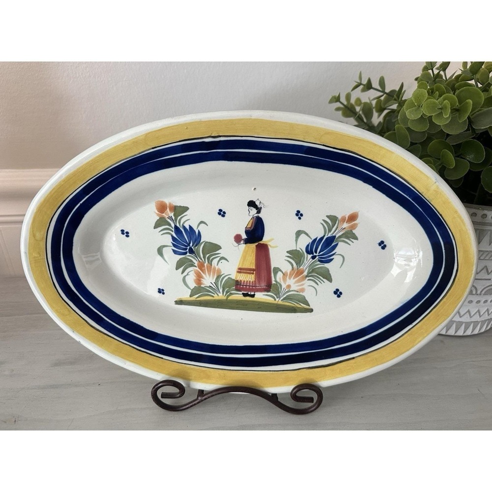 Henriot Quimper France Hand Painted Faience Breton Woman Oval‎ Platter 11" (459)